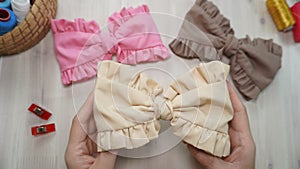 Beautiful hair bow with ruffle design made out of cotton fabric