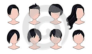 Beautiful hairstyle woman modern fashion for assortment. Blue short hair, curly hair salon hairstyles and trendy haircut vector