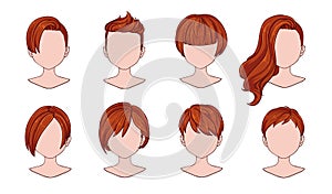 Beautiful hairstyle woman modern fashion for assortment. Blue short hair, curly hair salon hairstyles and trendy haircut vector