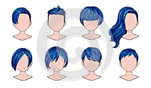 Beautiful hairstyle woman modern fashion for assortment. Blue short hair, curly hair salon hairstyles and trendy haircut vector
