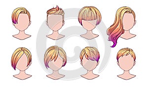 Beautiful hairstyle woman modern fashion for assortment. Blue short hair, curly hair salon hairstyles and trendy haircut vector