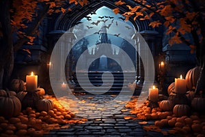 Beautiful Halloween horizontal composition, holiday background with a castle, bats, pumpkins and candles. Darkness backrdop in