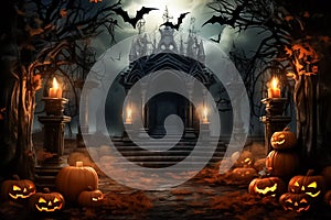Beautiful Halloween horizontal composition, holiday background with a castle, pumpkins and candles. Darkness backrdop in orange