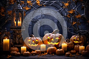 Beautiful Halloween horizontal composition, holiday background with pumpkins and candles, backrdop in blue and orange colors.