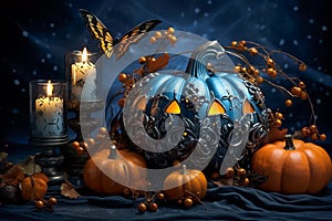 Beautiful Halloween horizontal still life, holiday background with pumpkins, butterfly and candles, backrdop in blue and orange