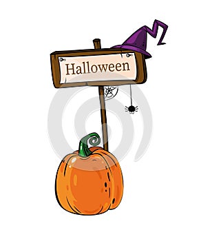 Beautiful Halloween illustration with mystic tools, pumpkins and wood waymark and witch hat.