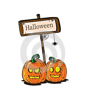 Beautiful Halloween illustration with two mystic pumpkins and wood waymark . poster design.