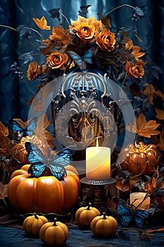 Beautiful Halloween vertical composition, background with pumpkins, flowers, butterfly and candles, backrdop in blue and orange