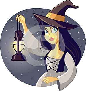 Beautiful Halloween Witch Holding Lantern Illustration