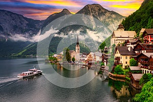 Beautiful Hallstatt village in Alps at sunset, Austria