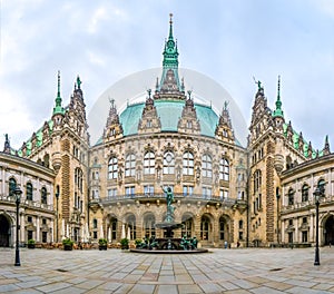 Beautiful Hamburg town hall with Hygieia fountain from courtyard, Germany photo