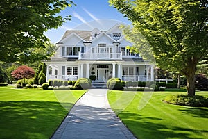 Beautiful Hampton Style Luxury White House Home Building with Garden on Sunny Day
