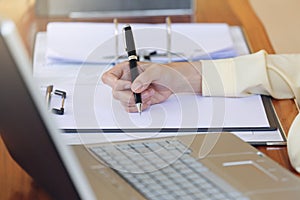 Beautiful Hand business woman working with pen writing on white