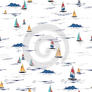 Beautiful Hand drawing colorful wind surf seamless pattern in vector. Flat style illustration. Summer beach surfing illustration
