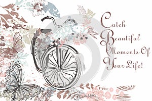 Beautiful hand drawn bicycle with butterflies and florals rustic