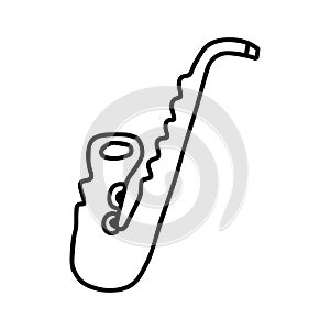 Beautiful hand-drawn black vector illustration of one toy Woodwind instrument saxophone isolated on a white background for