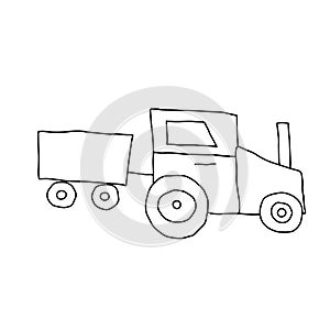 Beautiful hand drawn black vector illustration of toy tractor with a trailer isolated on a white background for coloring