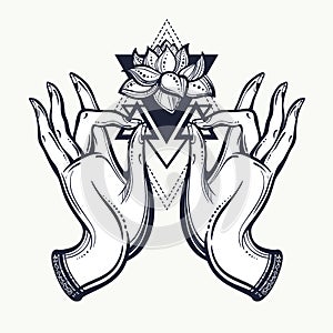 Beautiful hand-drawn Buddha hands with Lotus flower and sacred geometry. Isolated vector illustration. Tattoo, yoga, spirituality.