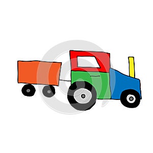 Beautiful hand drawn colored vector illustration of toy tractor with a trailer isolated on a white background