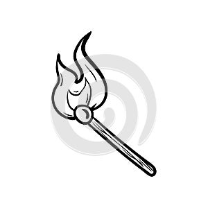 Beautiful hand drawn fashion burning match icon. Hand drawn black sketch. Sign / symbol / doodle. Isolated on white background.