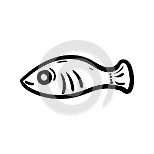 Beautiful hand drawn fashion fish icon. Hand drawn black sketch. Sign / symbol / doodle. Isolated on white background. Flat design