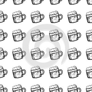 Beautiful hand drawn fashion seamless pattern beer mug icon. Hand drawn black sketch. Sign / symbol / doodle. Isolated on white