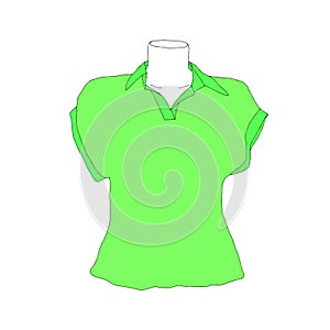 Beautiful hand-drawn fashion vector illustration of a lady's green shirt for girls and women on a dummy isolated on a