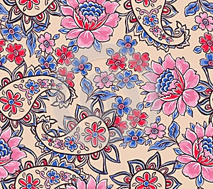 Beautiful Hand Drawn Floral Pattern with Paisley Ready for Fabric Prints.