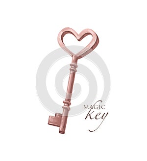 Beautiful hand drawn illustration with old vintage key heart shaped isolated.