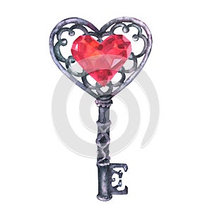 Beautiful hand drawn illustration with old vintage key heart shaped with red diamond crystal isolated on white. Artistic