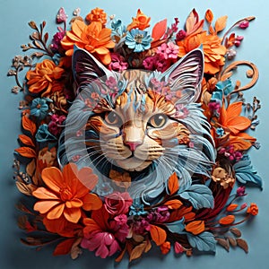 Beautiful hand-drawn portrait of a cat shrouded in flowers photo