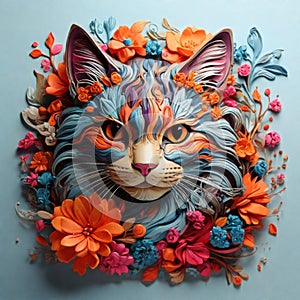 Beautiful hand-drawn portrait of a cat shrouded in flowers photo