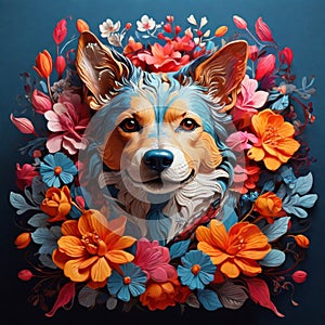 Beautiful hand drawn portrait of a dog shrouded in flowers photo