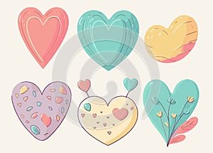beautiful hand drawn set of love hearts in cartoon style. illustration