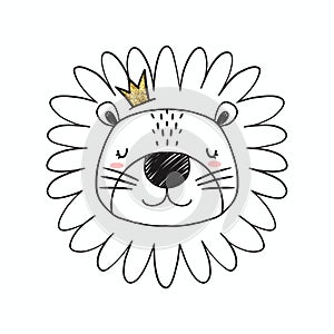 Beautiful hand drawn stock illustration with cute lion face. Simple pencil drawing. Cute baby print. Animal lion clip