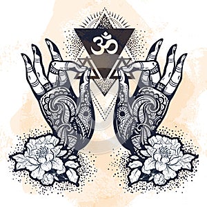Beautiful hand-drawn tattooed Buddha hands with peony flower and sacred geometry. Isolated vector illustration.