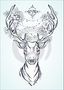 Beautiful hand-drawn tribal style deer. Vector deer head decorated with peony flowers and diamond beads. Spiritual art, yoga, boho photo