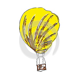 Beautiful hand-drawn vector illustration of a yellow balloon with a basket isolated on a white background