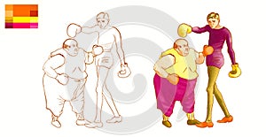 Beautiful hand drawn vintage style coloring book with color scheme. Clowns fighting in a circus. Fat and thin man boxing