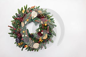 Beautiful hand made Christmas wreath isolated on white backgroun