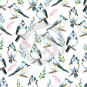 Beautiful hand painted spring background with cute birds