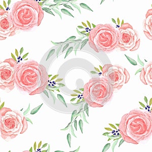 Watercolor pink rose flower seamless pattern