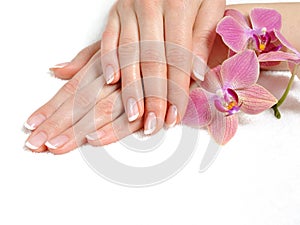 Beautiful hand with perfect nail french manicure