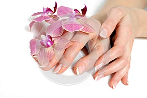 Beautiful hand with perfect nail french manicure