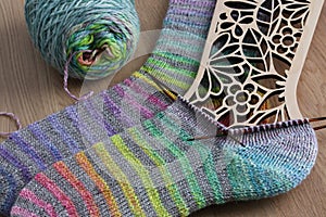 Beautiful handknit knitting socks, made with pure organic handspun sheep wool yarn from a traditional spinning wheel