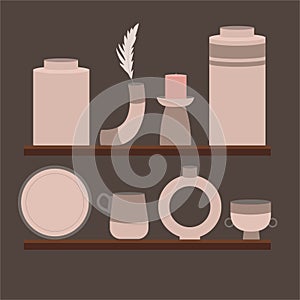 Beautiful handmade ceramics on shelves flat vector illustration. Clean dishes. Decorative tableware isolated on dark