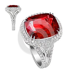Ring of red gold with diamonds and rubies on white background