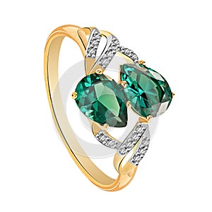 Ring of gold with diamonds and emeralds on white background