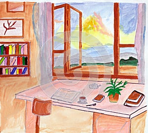 Beautiful handmade painting water colour view nice view from windows in a sitting chair table some books cooffe cup photo