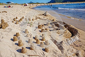 Beautiful handmade sand castle in Voidokoilia beach near Romanos area in Messenia, Peloponnese, Greece